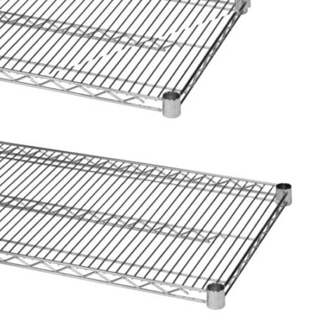 A close-up view of two tiers of a chrome-finished metal wire shelving unit, showing the open-grid design and cylindrical corner post connectors.