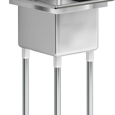 A professional-grade, free-standing single-bowl stainless steel utility sink featuring a high backsplash, an integrated swivel faucet with hot and cold handles, and four sturdy reinforced legs with adjustable bullet feet for stability.