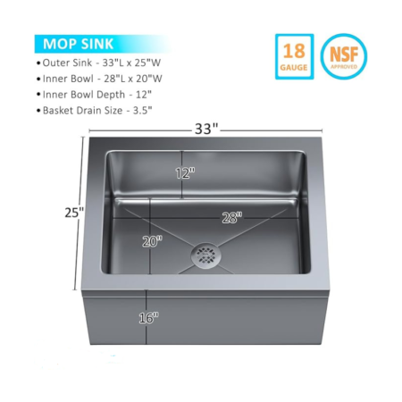 A 3D rendered image of a stainless steel floor mop sink with dimensions labeled. The sink is rectangular with a deep basin and a drain in the center. The image includes callout boxes on the left listing the sink's dimensions: 