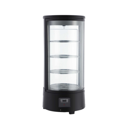 A black countertop rotating refrigerated bakery display case is shown on a white background. The case is cylindrical with a black base and top. It has a transparent door and sides, revealing four circular, clear shelves inside. A small digital display is visible on the front of the black base.