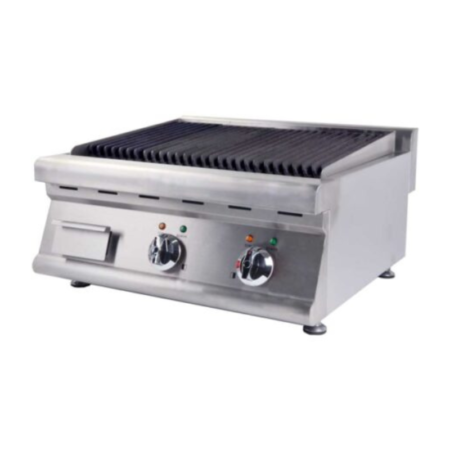 A stainless steel countertop gas charbroiler with a heavy-duty cast iron grilling surface, two control knobs, and indicator lights for temperature control.