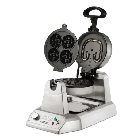 WMB400X Mini Belgian Waffle Maker rotating with four perfectly browned waffles inside.