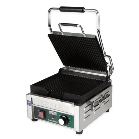 Single Commercial Panini Press w/ Cast Iron Grooved Plates, 120v