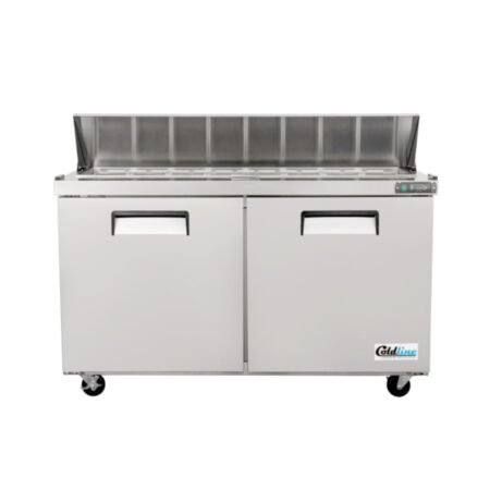Coldline SPN-60 60-inch narrow depth refrigerated sandwich prep table with cutting board and 16 pans.