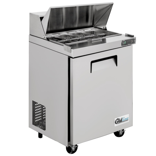Coldline Spn-29 29&Quot; Narrow Depth Refrigerated Sandwich Prep Table 1 Narrow Depth Refrigerated Sandwich Prep Table With Cutting Board And Food Pans