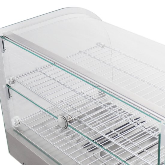 Marchia Hca45 22&Quot; Curved Glass Countertop Hot Food Display Warmer 3 Interior View Showing The Chrome Plated Shelves Inside The Hca45