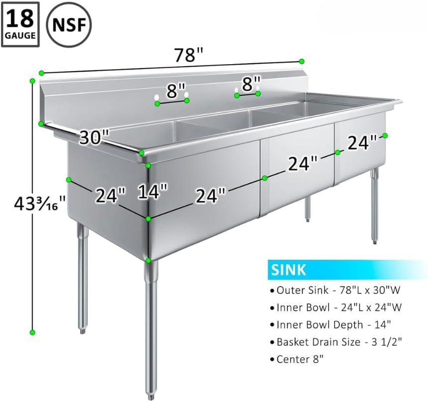 78&Quot; X 30&Quot; Stainless Steel Three Compartment Sink With 24&Quot; X 24&Quot; X 14&Quot; Bowls 3 78&Quot; X 30&Quot; Stainless Steel Three Compartment Sink With 24&Quot; X 24&Quot; X 14&Quot; Bowls - Image 3