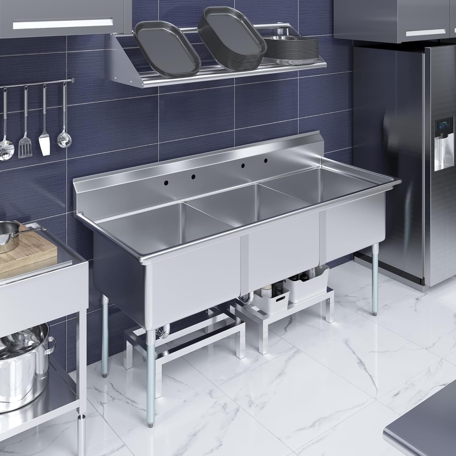 78&Quot; X 30&Quot; Stainless Steel Three Compartment Sink With 24&Quot; X 24&Quot; X 14&Quot; Bowls 2 78&Quot; X 30&Quot; Stainless Steel Three Compartment Sink With 24&Quot; X 24&Quot; X 14&Quot; Bowls - Image 2