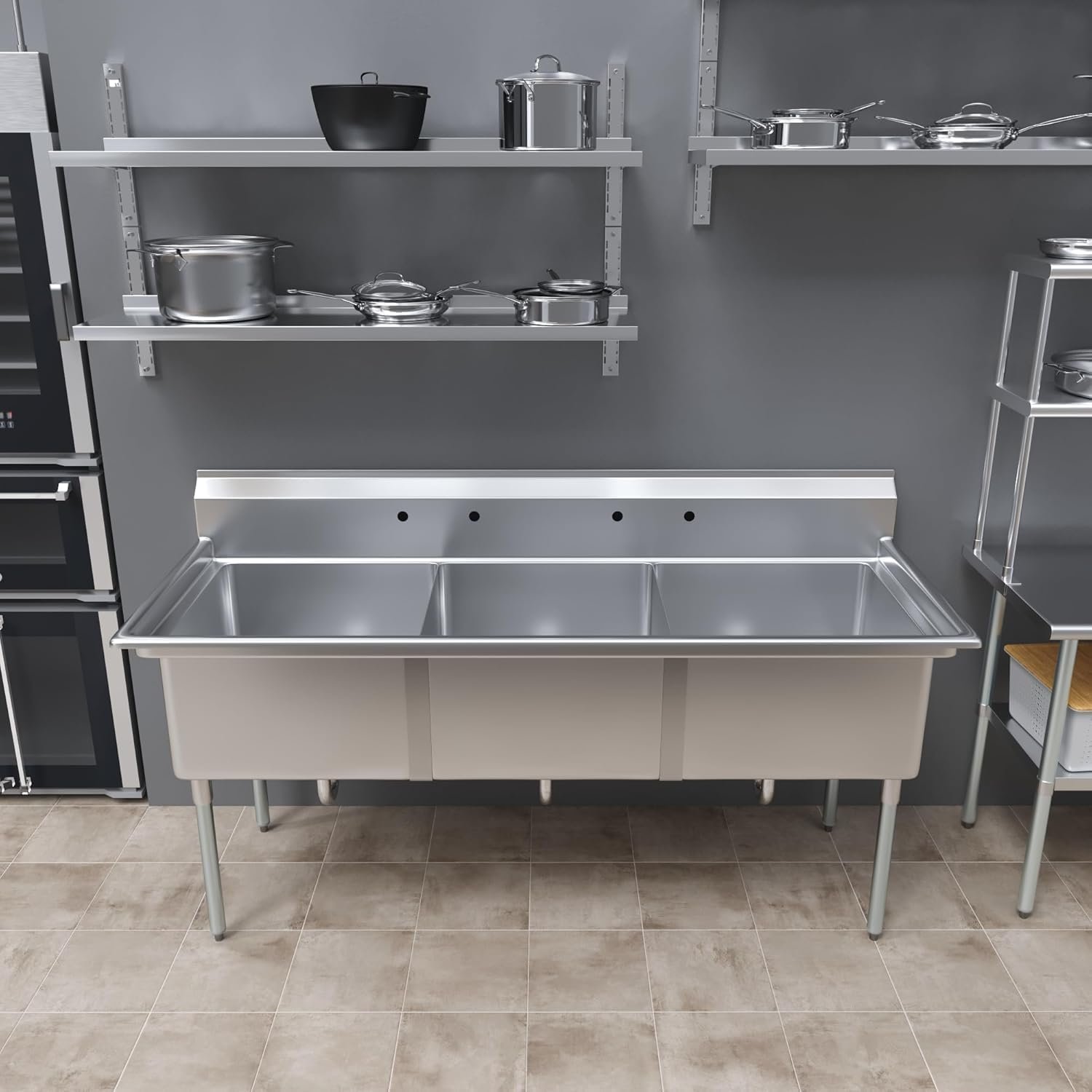 78&Quot; X 30&Quot; Stainless Steel Three Compartment Sink With 24&Quot; X 24&Quot; X 14&Quot; Bowls 8 78&Quot; X 30&Quot; Stainless Steel Three Compartment Sink With 24&Quot; X 24&Quot; X 14&Quot; Bowls - Image 8