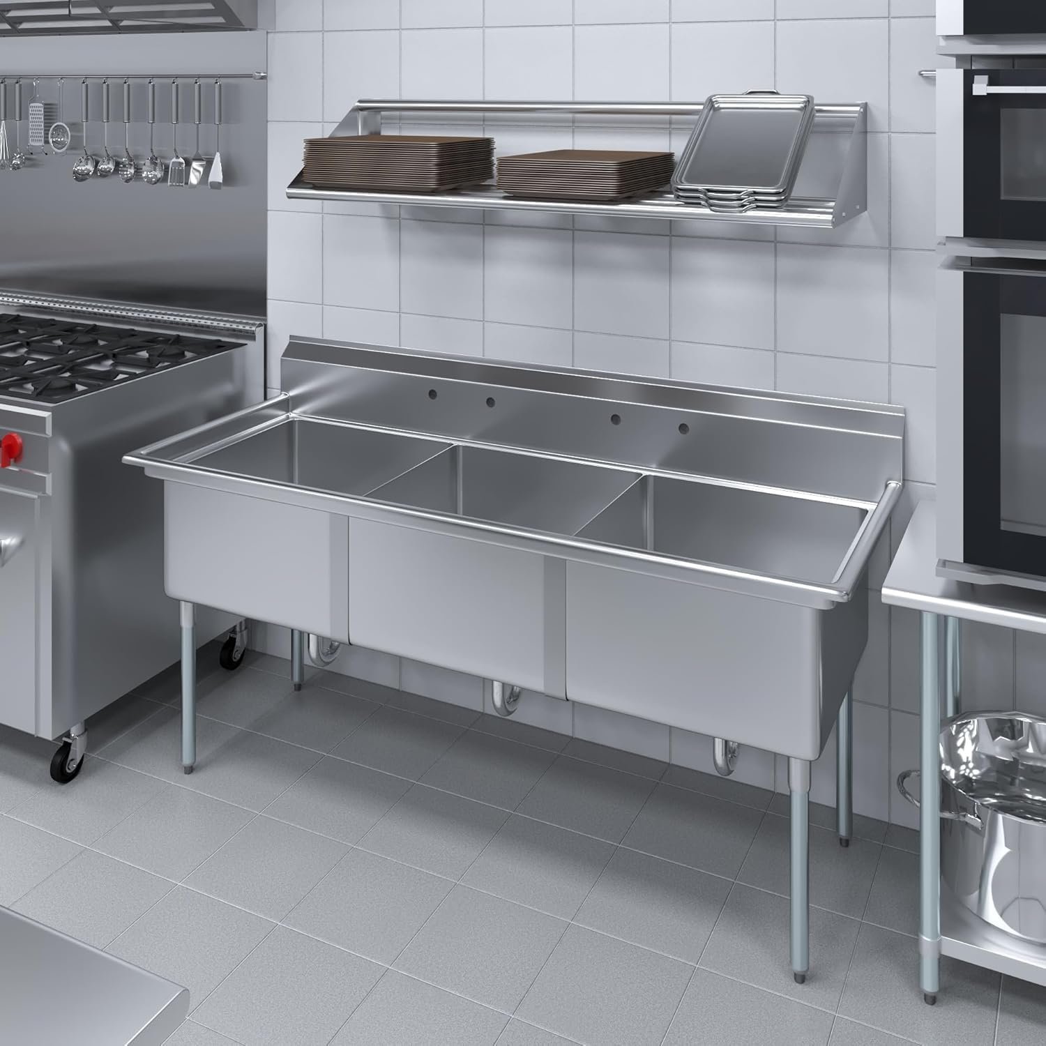 78&Quot; X 30&Quot; Stainless Steel Three Compartment Sink With 24&Quot; X 24&Quot; X 14&Quot; Bowls 6 78&Quot; X 30&Quot; Stainless Steel Three Compartment Sink With 24&Quot; X 24&Quot; X 14&Quot; Bowls - Image 6