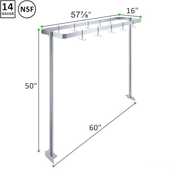 Stainless Steel Table Mounted Pot Rack With 6 Hooks Commercial Kitchen Pot &Amp; Utensil Organizer Nsf Certified 4 A Technical Product Diagram For A 60-Inch Wide, Table-Mounted Stainless Steel Pot Rack. The Rack Features Two Vertical Support Posts, A Rectangular Top Frame, And 12 Double-Sided Hanging Hooks. Measurement Annotations Show A Total Height Of 50 Inches, A Base Width Of 60 Inches, A Top Frame Depth Of 16 Inches, And A Top Frame Width Of $57\Text{ }{7/8}$ Inches. The Top-Left Corner Displays Logos For &Quot;14 Gauge&Quot; And &Quot;Nsf&Quot; Certification.