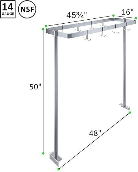 Stainless Steel Table Mounted Pot Rack With 6 Hooks Commercial Kitchen Pot &Amp; Utensil Organizer Nsf Certified 3 A Technical Product Diagram For A 48-Inch Wide, Table-Mounted Stainless Steel Pot Rack. The Rack Features Two Vertical Support Posts, A Rectangular Top Frame, And Several Double-Sided Hanging Hooks. Measurement Annotations Show A Total Height Of 50 Inches, A Base Width Of 48 Inches, A Top Frame Depth Of 16 Inches, And A Top Frame Width Of $45\Text{ }{3/4}$ Inches. The Top-Left Corner Displays Logos For &Quot;14 Gauge&Quot; And &Quot;Nsf&Quot; Certification.