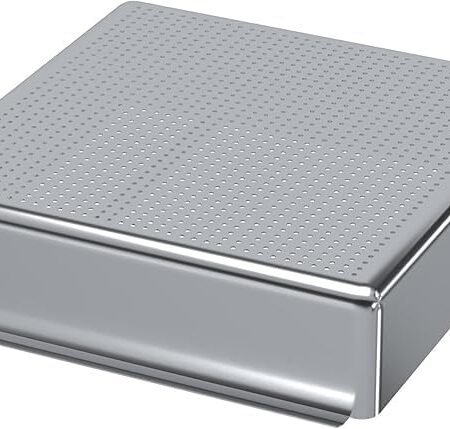 An Inverted 3D Rendering Of A Silver Stainless Steel Commercial Drawer, Showing The Underside. The Bottom Surface Features A Dense, Uniform Pattern Of Small Perforated Holes For Ventilation Or Drainage. The Drawer Has Rounded Corners And A Flat Mounting Flange Extending From One Of The Lower Edges, Presented Against A White Background.