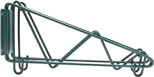 Express Kitchquip Epoxy Green Wall Mounting Bracket For Wire Shelving 2 Brackets For Commercial Retail Or Home Use Nsf Certified Set Of 2 Brackets 4 A Profile View Of A Single, Dark Green Powder-Coated Metal Wall Bracket For Industrial Wire Shelving. The Image Shows The Triangular Truss-Style Reinforcement Wire And The Vertical Mounting Plate On The Left Side, Set Against A Plain White Background.