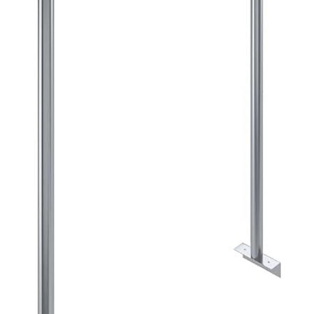 A High-Angle Studio Shot Of A Commercial-Grade Silver Metal Pot Rack. The Structure Features Two Tall Vertical Support Posts With Base Flanges For Mounting To A Tabletop Or Work Surface. A Rectangular Top Frame Is Attached To The Posts And Features Several Double-Sided Hanging Hooks Spaced Evenly Along The Perimeter, All Set Against A Plain White Background.