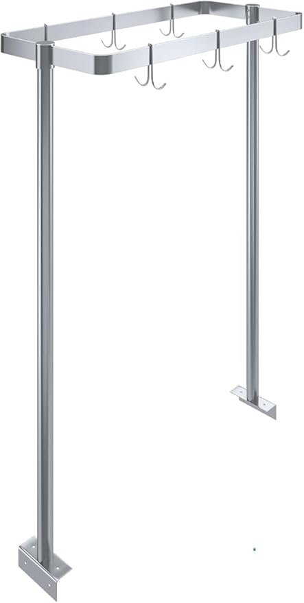Stainless Steel Table Mounted Pot Rack With 6 Hooks Commercial Kitchen Pot &Amp; Utensil Organizer Nsf Certified 1 A High-Angle Studio Shot Of A Commercial-Grade Silver Metal Pot Rack. The Structure Features Two Tall Vertical Support Posts With Base Flanges For Mounting To A Tabletop Or Work Surface. A Rectangular Top Frame Is Attached To The Posts And Features Several Double-Sided Hanging Hooks Spaced Evenly Along The Perimeter, All Set Against A Plain White Background.