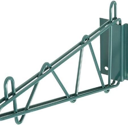 A Side-Angle View Of A Dark Green, Powder-Coated Metal Wall Bracket Designed For Wire Shelving. The Bracket Features A Triangular Truss-Style Support Made Of Thick Wire And A Flat Metal Mounting Plate With Pre-Drilled Holes For Wall Attachment.