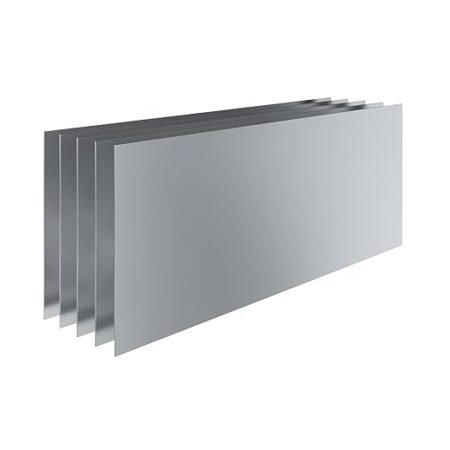 A 3D Digital Rendering Showing A Side-Profile View Of Five Thin, Rectangular Silver Panels. The Panels Are Arranged In A Tight, Parallel Stack With A Staggered Offset, Highlighting Their Slim Depth And Smooth Matte Finish Against A Plain White Background.