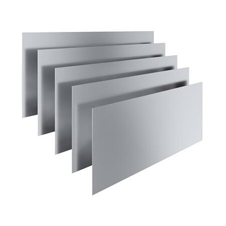 A 3D Rendering Of Five Thin, Rectangular Silver Panels Arranged In A Staggered, Diagonal Row. The Panels Have A Smooth, Matte Metallic Finish And Are Shown From A Slight Perspective Angle Against A Plain White Background.