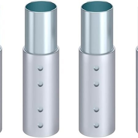Four Vertical, Silver-Colored Galvanized Steel Leg Extensions For A Trampoline. Each Cylindrical Piece Consists Of A Wider Base Tube With Four Pre-Drilled Adjustment Holes And A Narrower Top Insert For Connecting To The Trampoline Frame.