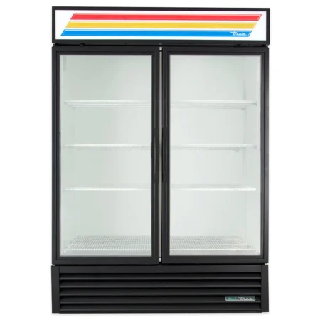 A direct, straight-on front view of an empty True GDM-49-HC~TSL01 commercial refrigerator in black, featuring two large swing-out glass doors, multiple white wire shelves, and a colorful striped brand sign at the top.