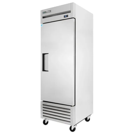 A Professional-Grade, Stainless Steel True T-23-Hc Single-Door Reach-In Refrigerator. The Unit Features A Top-Mounted Digital Temperature Display, A Recessed Vertical Handle, And A Bottom-Mounted Ventilation Grille. It Is Set On Four Black Swivel Casters And Positioned Against A Plain White Background.
