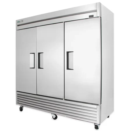 Front View Of A True T-72 Commercial Three-Section Reach-In Refrigerator With A Stainless Steel Finish, Three Solid Swing Doors With Recessed Handles, A Bottom-Mounted Compressor, And Heavy-Duty Swivel Casters.