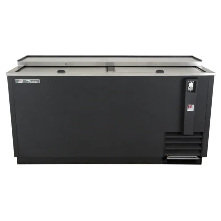 A direct front view of a large, black True horizontal bottle cooler featuring two sliding lids with integrated handles, a stainless steel top rim, and a built-in bottle opener unit on the front right.