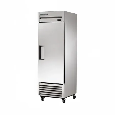 A Flat Front Elevation Of A True T-49F Stainless Steel Two-Door Reach-In Freezer, Showing The Top-Mounted Digital Display Set To -5, Solid Doors With Recessed Handles, And Heavy-Duty Casters.