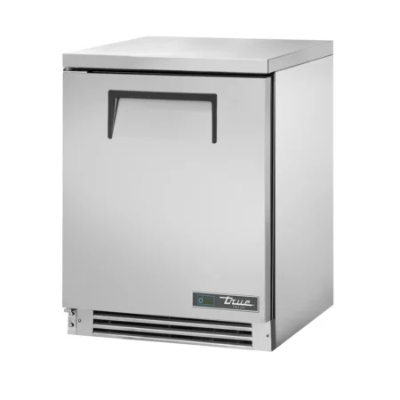 : A 1-quarter side view of a True TUC-24F-HC-LH stainless steel undercounter freezer with a left-hinged door, recessed handle, and horizontal louvered front ventilation.