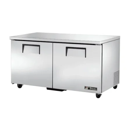 A 2-quarter view of the True TUC-60-HC undercounter refrigerator, showing the stainless steel front and side profile, two solid doors with recessed handles, and heavy-duty casters.