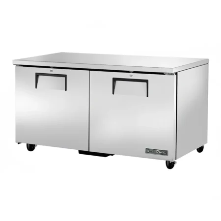 A 72-inch stainless steel under-counter refrigerator with three solid doors, recessed handles, and heavy-duty swivel casters.