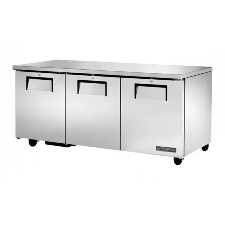 True Manufacturing TUC-72 solid-door under-counter refrigerator with a polished stainless steel finish.