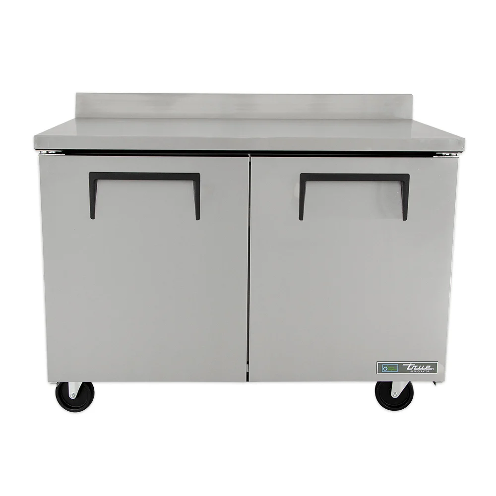 True Twt-48-Hc 48&Quot; Worktop Refrigerator W 2 Sections 115V 2 A Front-Facing View Of A True Twt-48 Stainless Steel Worktop Refrigerator With Two Solid Doors, Recessed Horizontal Handles, A Full-Width Integrated Backsplash, And Heavy-Duty Casters.