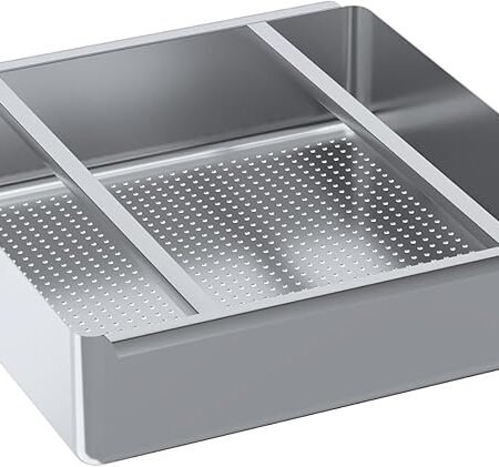 A High-Angle Studio Shot Of A Silver Stainless Steel Commercial-Grade Drawer. The Drawer Features A Rectangular Design With Smooth Outer Walls And Two Interior Divider Bars. The Bottom Of The Central Compartment Has A Perforated Grid Pattern For Drainage Or Ventilation, Shown Against A Plain White Background.