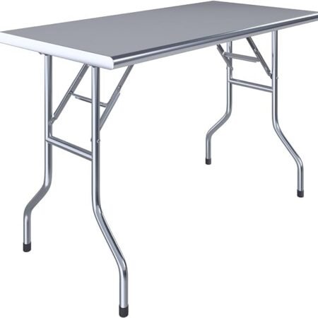 A Professional-Grade, Foldable Stainless Steel Prep Table Featuring A Smooth Metallic Surface And Sturdy, Curved Tubular Legs With Black Non-Slip Floor Protectors.