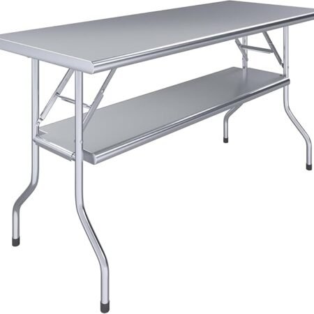 A Heavy-Duty, Foldable Stainless Steel Work Table Featuring A Sleek Metallic Finish, A Reinforced Top Surface, A Lower Storage Shelf, And Sturdy Curved Legs With Non-Slip Rubber Feet.
