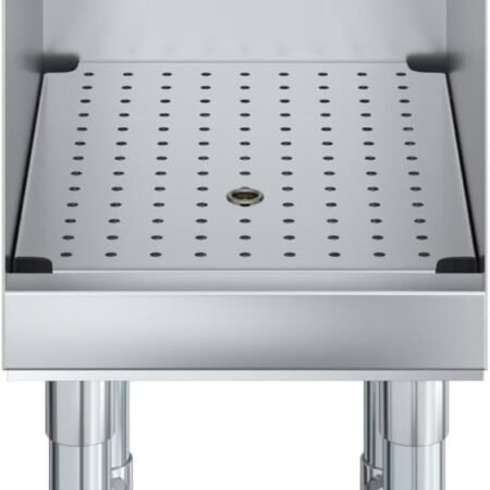 Commercial Stainless Steel Freestanding Underbar Drainboard With 3-Sided Splash Guard And Perforated Drying Rack A Freestanding Commercial Underbar Drainboard Made Of Polished Stainless Steel, Featuring A Removable Perforated Insert For Efficient Glassware Drainage. The Unit Includes High Three-Sided Splash Guards To Contain Spills And Is Supported By Four Reinforced Legs With Adjustable Bullet Feet And Cross-Bracing For Stability.