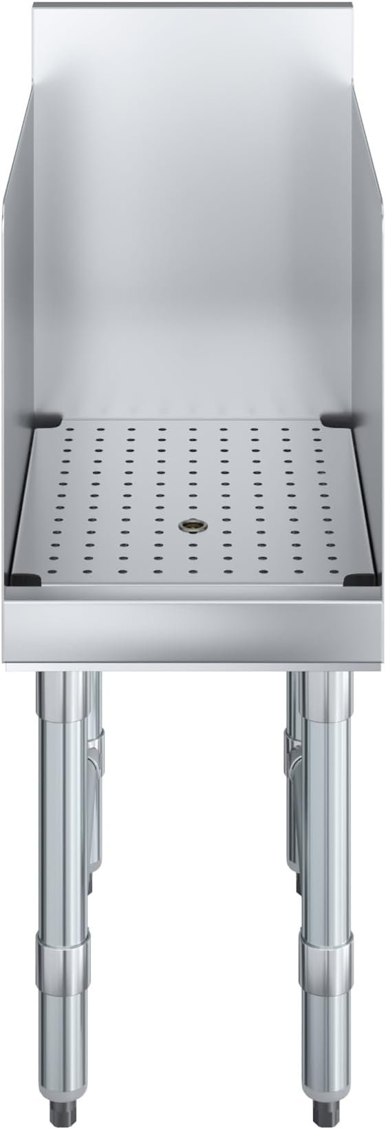 Recessed Underbar Drainboard With 3 In. Backsplash Removable Perforated Drainboard 304 Stainless Steel Side Splashes Galvanized Legs 1.5 In. Drain Included 2 A Freestanding Commercial Underbar Drainboard Made Of Polished Stainless Steel, Featuring A Removable Perforated Insert For Efficient Glassware Drainage. The Unit Includes High Three-Sided Splash Guards To Contain Spills And Is Supported By Four Reinforced Legs With Adjustable Bullet Feet And Cross-Bracing For Stability.