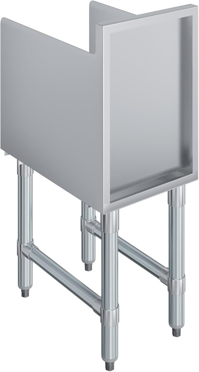 Recessed Underbar Drainboard With 3 In. Backsplash Removable Perforated Drainboard 304 Stainless Steel Side Splashes Galvanized Legs 1.5 In. Drain Included 4 A Freestanding Commercial Underbar Drainboard Made Of Polished Stainless Steel. The Unit Features A Deep Work Basin Enclosed By Tall Three-Sided Splash Guards And Includes A Removable Perforated Drainage Plate For Drying Glassware. It Is Supported By Four Tubular Legs With An H-Style Cross-Brace For Stability And Adjustable Bullet Feet For Leveling On Uneven Floors.