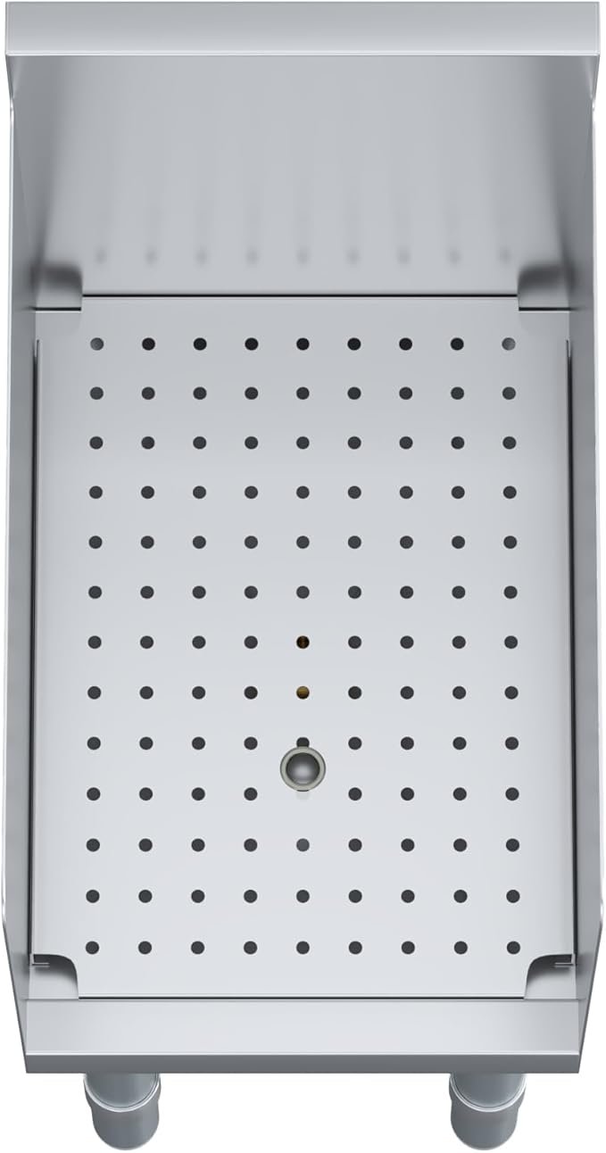 Recessed Underbar Drainboard With 3 In. Backsplash Removable Perforated Drainboard 304 Stainless Steel Side Splashes Galvanized Legs 1.5 In. Drain Included 3 A Freestanding Commercial Underbar Drainboard Made Of Polished Stainless Steel. The Unit Features A Deep Work Area Enclosed By High Three-Sided Splash Guards And A Removable Perforated Insert For Efficient Glassware Drainage. It Is Supported By Four Tubular Legs With Adjustable Bullet Feet And H-Shape Cross-Bracing For Enhanced Stability.