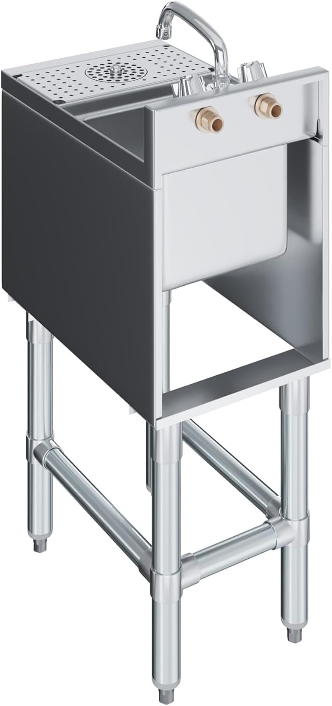 Underbar Mixology Station Stainless Steel Bar Sink With &Amp; Without Glass Rinser Faucet And 3 In. Backsplash 6 A High-Angle View From The Rear And Side Of The Stainless Steel Underbar Sink. This Perspective Highlights The Two Brass Threaded Plumbing Inlets On The Back Of The Splash Guard For Water Supply. The Open-Back Design Of The Cabinet And The Structure Of The Leg Bracing Are Clearly Visible.