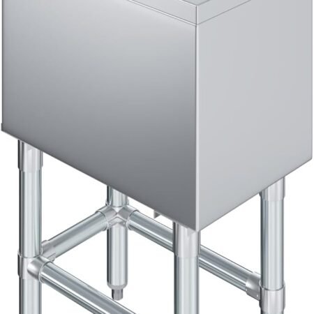 Home 2 10 A High-Angle, Full-View Shot Of A Freestanding Stainless Steel Commercial Bar Sink And Ice Bin Unit. The Unit Features A Dual-Handle Goose-Neck Faucet, A Deep Sink Basin On The Left, And An Ice Bin With A Perforated Drainage Cover And Glass Rinser On The Right. It Is Supported By Four Reinforced Tubular Legs With Adjustable Bullet Feet And Cross-Bracing.