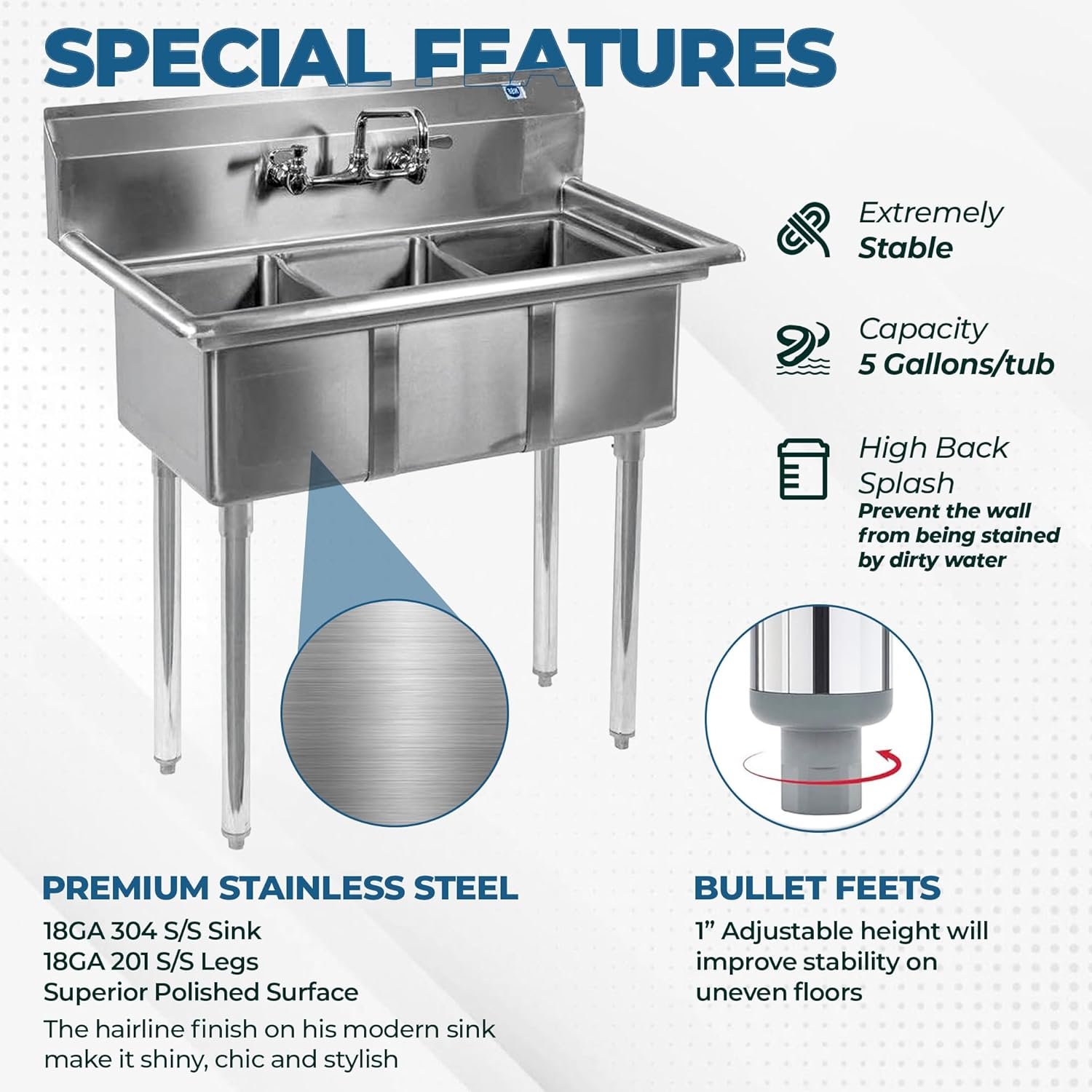36 Inch 3 Compartment Stainless Steel Sink – Nsf Commercial Triple Bowl Utility Prep Sink 4 36 Inch 3 Compartment Stainless Steel Sink – Nsf Commercial Triple Bowl Utility Prep Sink - Image 4