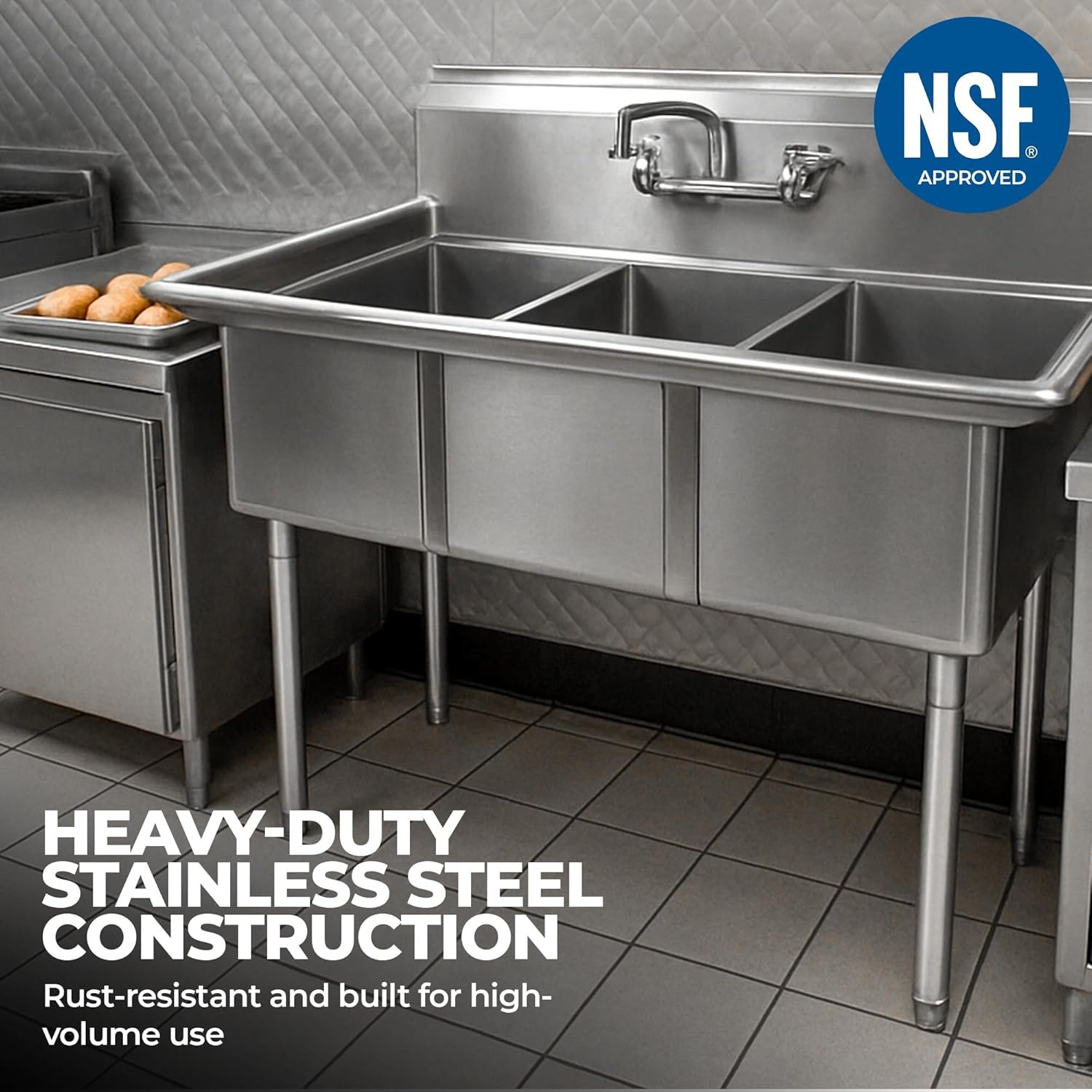 36 Inch 3 Compartment Stainless Steel Sink – Nsf Commercial Triple Bowl Utility Prep Sink 6 36 Inch 3 Compartment Stainless Steel Sink – Nsf Commercial Triple Bowl Utility Prep Sink - Image 6