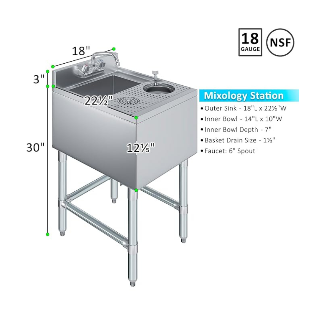 Underbar Mixology Station Stainless Steel Bar Sink With &Amp; Without Glass Rinser Faucet And 3 In. Backsplash 7 A Technical Spec Image For The Widest Model, Showing An 18-Inch Width And 22.5-Inch Depth. The Diagram Highlights A 14-By-10-Inch Inner Bowl And Includes Two Circular Components On The Perforated Drainboard Area.