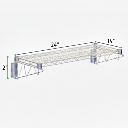 A commercial-grade silver wire wall-mount shelf shown from a perspective view. Green dimension lines indicate the shelf is 24 inches wide, 14 inches deep, and has a bracket height of 2 inches.
