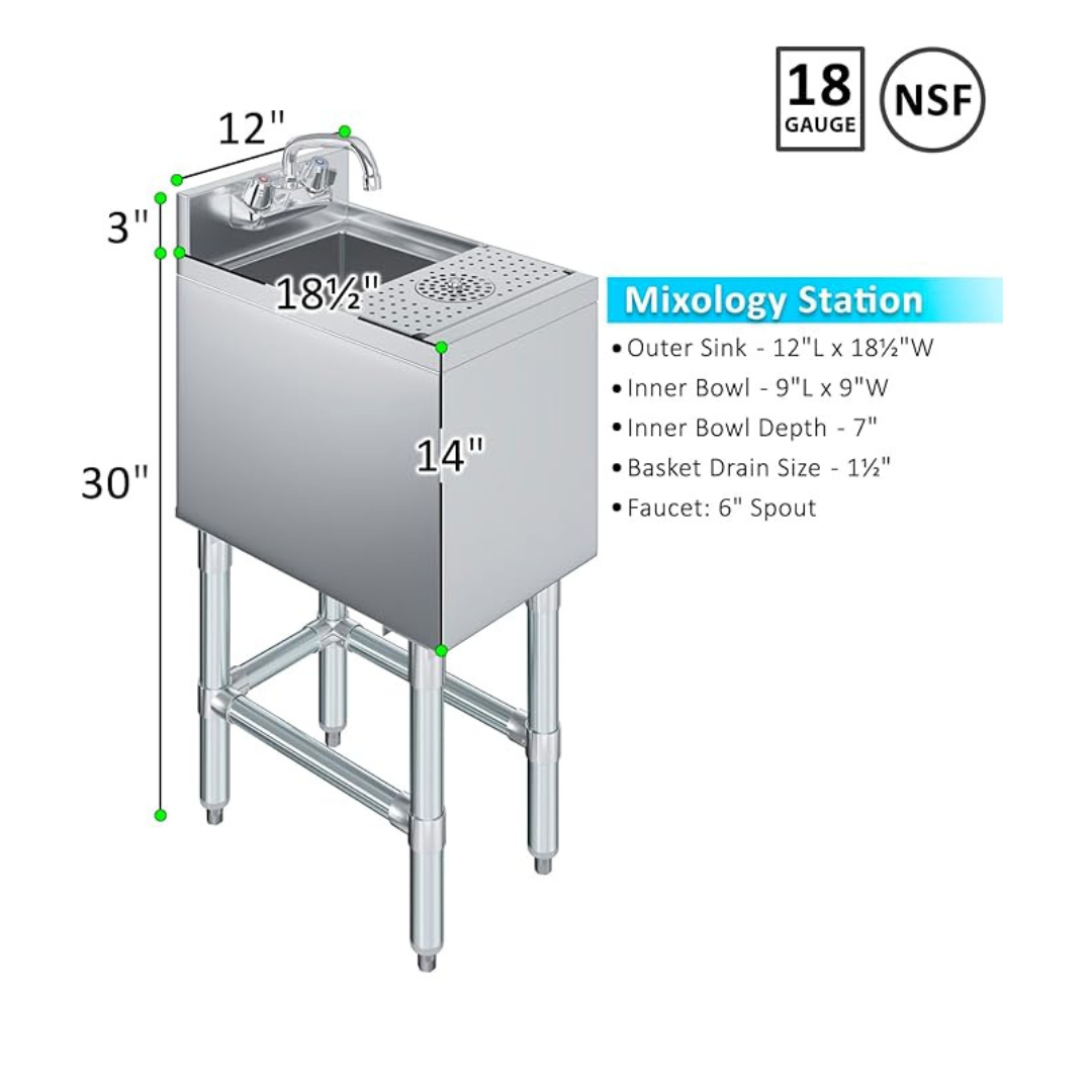 Underbar Mixology Station Stainless Steel Bar Sink With &Amp; Without Glass Rinser Faucet And 3 In. Backsplash 2 A Technical Product Graphic Of A Stainless Steel Bar Sink Labeled As A &Quot;Mixology Station.&Quot; Green Dimension Lines Indicate A 30-Inch Total Height, A 3-Inch Backsplash, A 12-Inch Width, An 18.5-Inch Depth, And A 14-Inch Basin Height. The Image Includes &Quot;18 Gauge&Quot; And &Quot;Nsf&Quot; Certification Logos, Along With A Spec List Detailing A 9-By-9-Inch Inner Bowl, A 7-Inch Bowl Depth, A 1.5-Inch Drain Size, And A 6-Inch Faucet Spout.