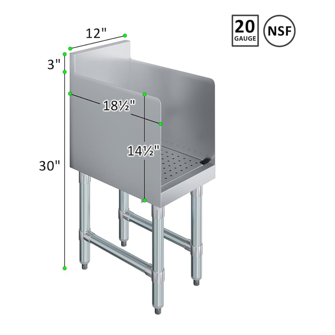 Recessed Underbar Drainboard With 3 In. Backsplash Removable Perforated Drainboard 304 Stainless Steel Side Splashes Galvanized Legs 1.5 In. Drain Included 5 Recessed Underbar Drainboard With 3 In. Backsplash Removable Perforated Drainboard 304 Stainless Steel Side Splashes Galvanized Legs 1.5 In. Drain Included - Image 5
