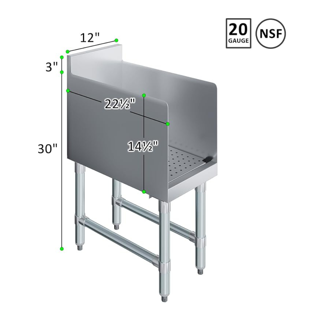 Recessed Underbar Drainboard With 3 In. Backsplash Removable Perforated Drainboard 304 Stainless Steel Side Splashes Galvanized Legs 1.5 In. Drain Included 6 Recessed Underbar Drainboard With 3 In. Backsplash Removable Perforated Drainboard 304 Stainless Steel Side Splashes Galvanized Legs 1.5 In. Drain Included - Image 6
